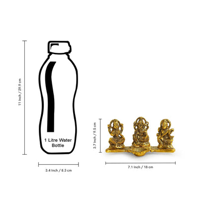 'Laxmi Ganesh & Saraswati' Idol Showpiece Figurine with Diya (1 Wick, 9.4 cm, Golden, Metal, Handcrafted)