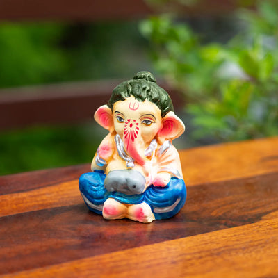 ExclusiveLane 'Spiritual Ganesha' Eco-Friendly Terracotta Decorative Lord Ganesha Murti (10 Cm, Handpainted, Multicoloured)
