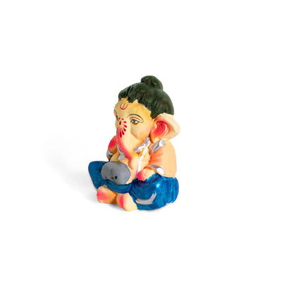 ExclusiveLane 'Spiritual Ganesha' Eco-Friendly Terracotta Decorative Lord Ganesha Murti (10 Cm, Handpainted, Multicoloured)