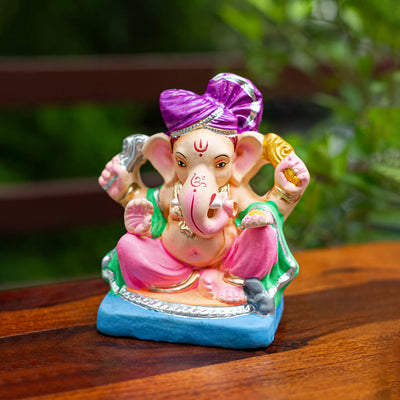 ExclusiveLane 'Spiritual Ganesha' Eco-Friendly Terracotta Decorative Lord Ganesha Murti (16.1 Cm, Handpainted, Multicoloured)