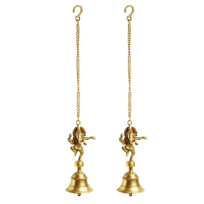 Dancing Ganpati Hand-Etched Decorative Hanging Bell In Brass (Set of 2)