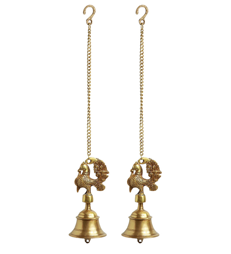 Elegant Peacock Hand-Etched Decorative Hanging Bell In Brass (Set of 2)