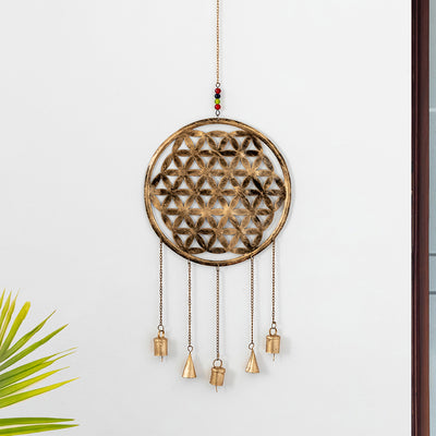 Wheel' Kutch Decorative Hanging Wind Chime (Iron | Golden | 5 Bells)