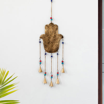 Hamsa Hand' Kutch Decorative Hanging Wind Chime (Iron | Golden | 5 Bells)