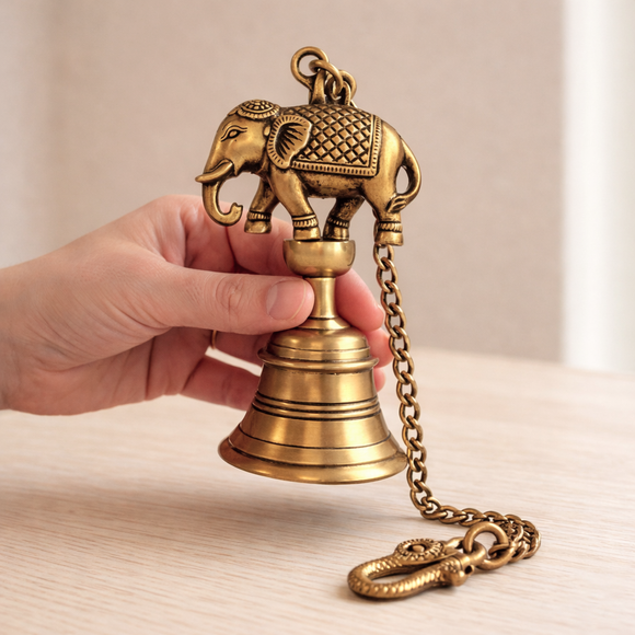  'Majestic Elephant' Decorative Hanging Pure Brass Bell (63.6 Cm, 1.1 Kg, Hand-Etched)