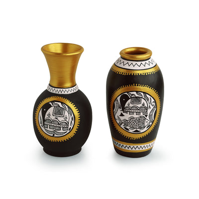 'Urn & Tapered' Vases With Intricate Madhubani Hand-Painting In Terracotta (Set Of 2)