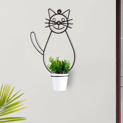 Smiling Cat' Wall Planter Pot In Galvanized Iron (16 Inch | 1 Planter Pot)