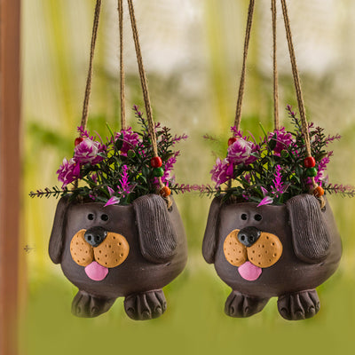 Swinging Dog Hand-painted Hanging Planter Pot In Terracotta (Set of 2, 14 cm)