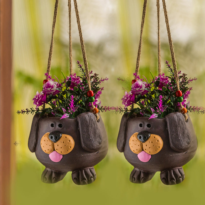 Swinging Dog Hand-painted Hanging Planter Pot In Terracotta (Set of 2, 14 cm)