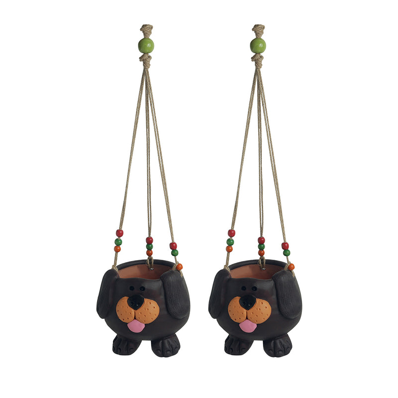 Swinging Dog Hand-painted Hanging Planter Pot In Terracotta (Set of 2, 14 cm)