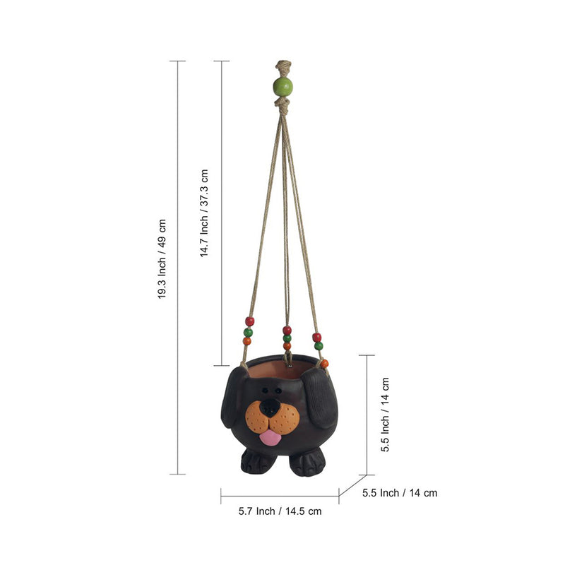 Swinging Dog Hand-painted Hanging Planter Pot In Terracotta (Set of 2, 14 cm)