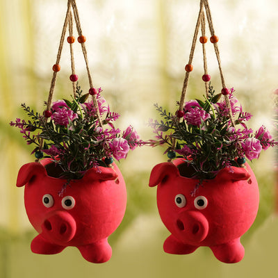 Swinging Pig Hand-painted Hanging Planter Pot In Terracotta (Set of 2, 14 cm)