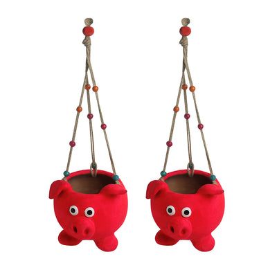 Swinging Pig Hand-painted Hanging Planter Pot In Terracotta (Set of 2, 14 cm)