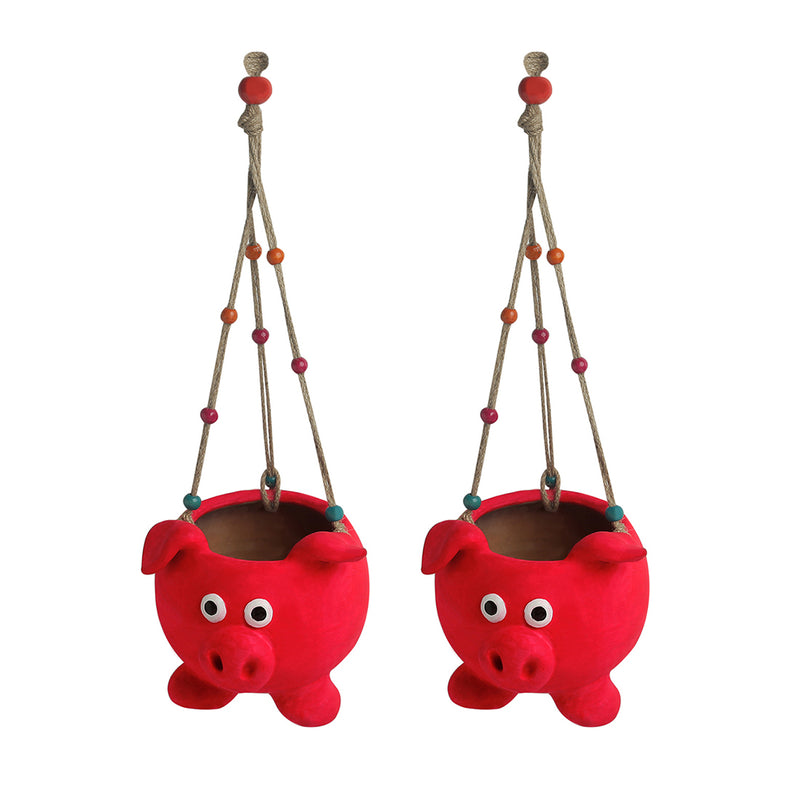 Swinging Pig Hand-painted Hanging Planter Pot In Terracotta (Set of 2, 14 cm)