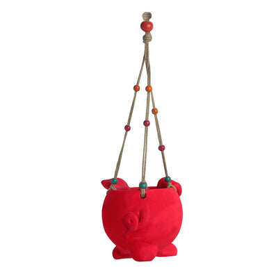 Swinging Pig Hand-painted Hanging Planter Pot In Terracotta (Set of 2, 14 cm)