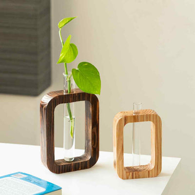 Rectangular Glass Garden' Test Tube Table Planters/Vases (Pine Wood | Set of 2)