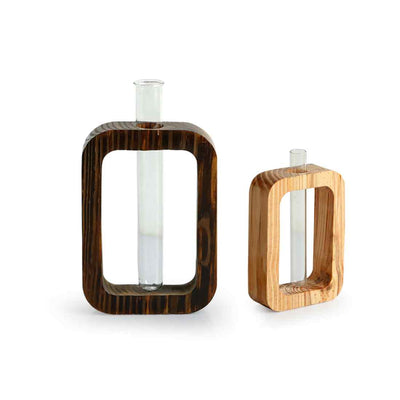Rectangular Glass Garden' Test Tube Table Planters/Vases (Pine Wood | Set of 2)