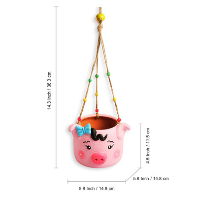 Oinking Piglet' Hanging Planter Pot In Terracotta (4.5 Inch, Handmade & Hand-Painted, Pink)