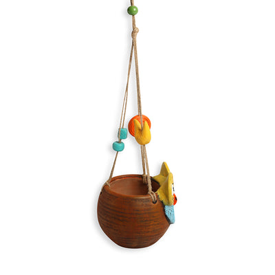 Night Owl' Hanging Planter Pot In Terracotta (5.6 Inch, Handmade & Hand-Painted, Brown)