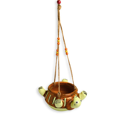 Toppled Turtle' Hanging Planter Pot In Terracotta (3.7 Inch, Handmade & Hand-Painted, Brown)