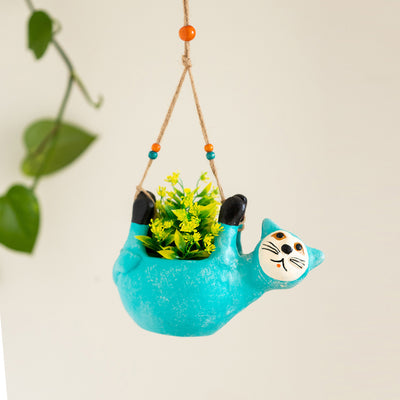 Cuddling Koala' Hanging Planter Pot In Terracotta (6.3 Inch, Handmade & Hand-Painted, Blue)