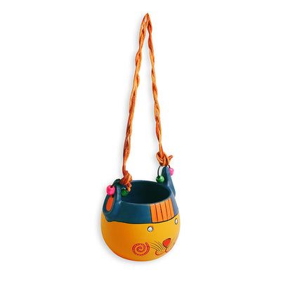 Whinny Pooh' Hanging Planter Pot In Terracotta (4.7 Inch, Handmade & Hand-Painted, Mustard Yellow)