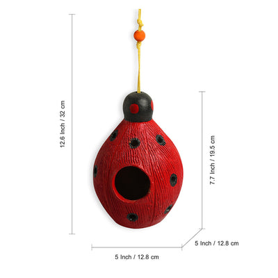 Flapping Ladybug' Handmade & Hand-painted Terracotta Bird House (7.7 Inch, Red)
