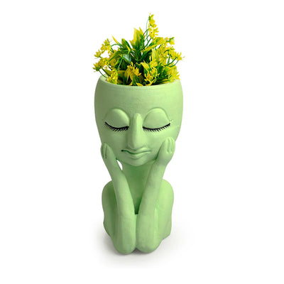 'Meditative Fairy' Handmade & Hand-Painted Terracotta Table Planter Flower Pot (8.5 Inch, Green)