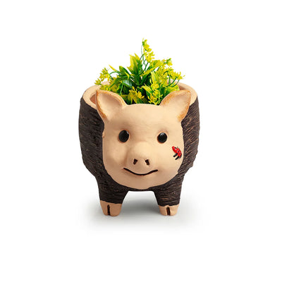 'Muddy Pig' Handmade & Hand-Painted Terracotta Table Planter Flower Pot (5.9 Inch, Brown)