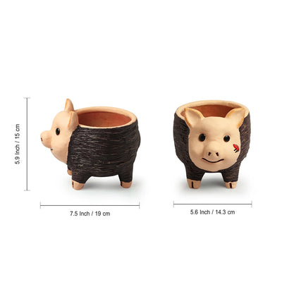 'Muddy Pig' Handmade & Hand-Painted Terracotta Table Planter Flower Pot (5.9 Inch, Brown)