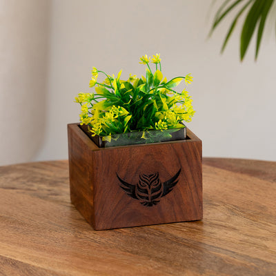 Winged Owl' Handcrafted Table Planter Flower Pot In Sheesham Wood (4.5 Inches, Pyrographed)