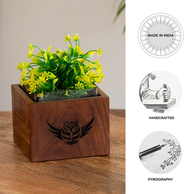Winged Owl' Handcrafted Table Planter Flower Pot In Sheesham Wood (4.5 Inches, Pyrographed)