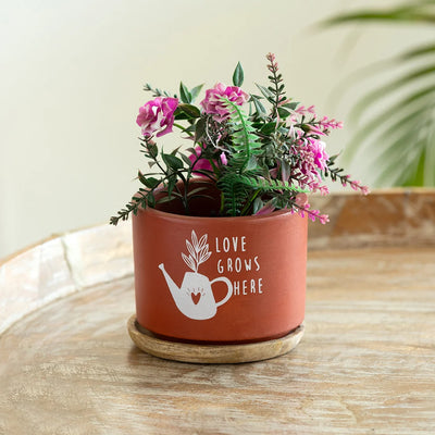 'Rustic Charm' Terracotta Table Planter Flower Pot With Wooden Tray (9.7 cm, Handmade & Hand-Painted)