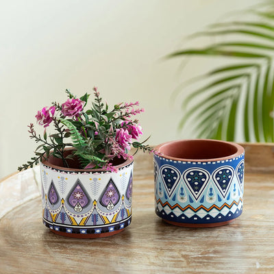 'Aztec Borders' Terracotta Table Planter Flower Pot (Set of 2, 8.6 cm, Handmade & Handcrafted)