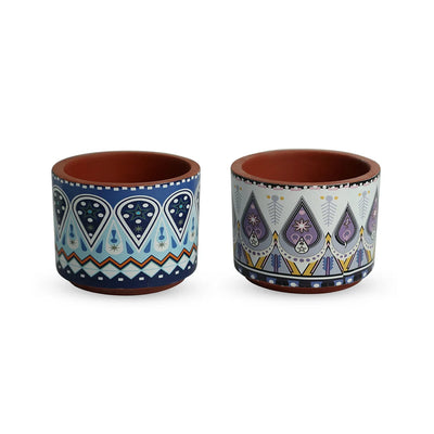 'Aztec Borders' Terracotta Table Planter Flower Pot (Set of 2, 8.6 cm, Handmade & Handcrafted)