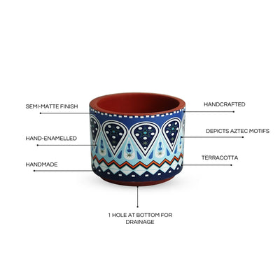 'Aztec Borders' Terracotta Table Planter Flower Pot (Set of 2, 8.6 cm, Handmade & Handcrafted)