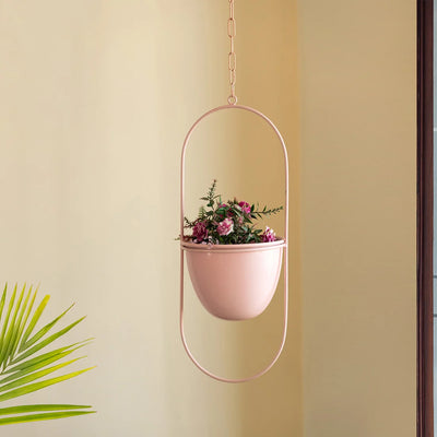 'Petal Pink' Hanging Planter Pot With Holder In Iron (45.5 cm, Handcrafted & Hand-Painted)