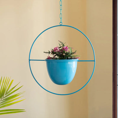 'Blue Bliss' Hanging Planter Pot With Holder In Iron (36.1 cm, Handcrafted & Hand-Painted)