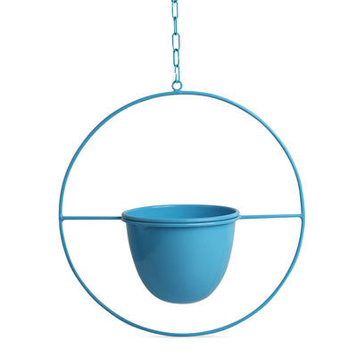 'Blue Bliss' Hanging Planter Pot With Holder In Iron (36.1 cm, Handcrafted & Hand-Painted)