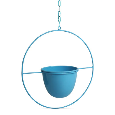 'Blue Bliss' Hanging Planter Pot With Holder In Iron (36.1 cm, Handcrafted & Hand-Painted)