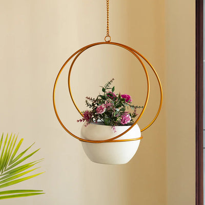 'Golden Hoops ' Hanging Planter Pot With Holder In Iron (26.4 cm, Handcrafted & Hand-Painted)