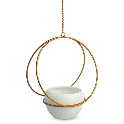 'Golden Hoops ' Hanging Planter Pot With Holder In Iron (26.4 cm, Handcrafted & Hand-Painted)