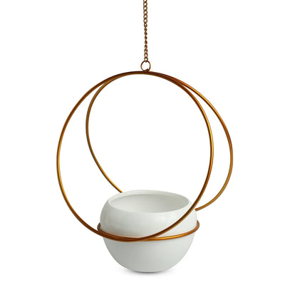 'Golden Hoops ' Hanging Planter Pot With Holder In Iron (26.4 cm, Handcrafted & Hand-Painted)