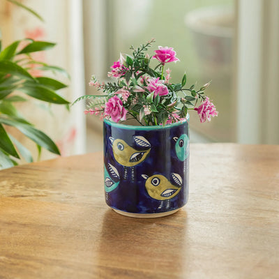 ExclusiveLane 'Little Sparrow Pot' Ceramic Table Planter Flower Pot (11.6 cm, Handpainted)