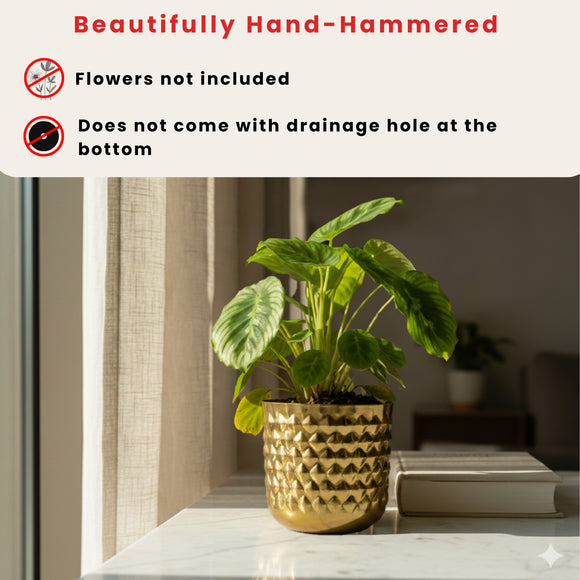 Golden Serenity' Round Decorative Metal Planter (Metal, Hand-Hammered, 17 cm)