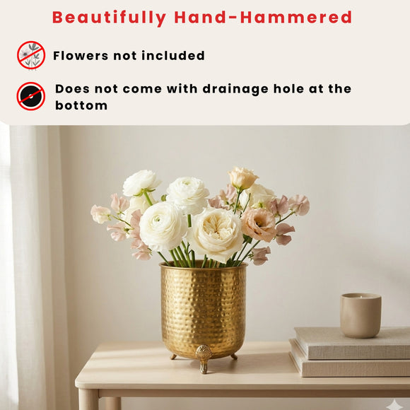 Golden Throne' Decorative Metal Planter with Leaf-Shaped Stand (Metal, Hand-Hammered, 21.1 cm)