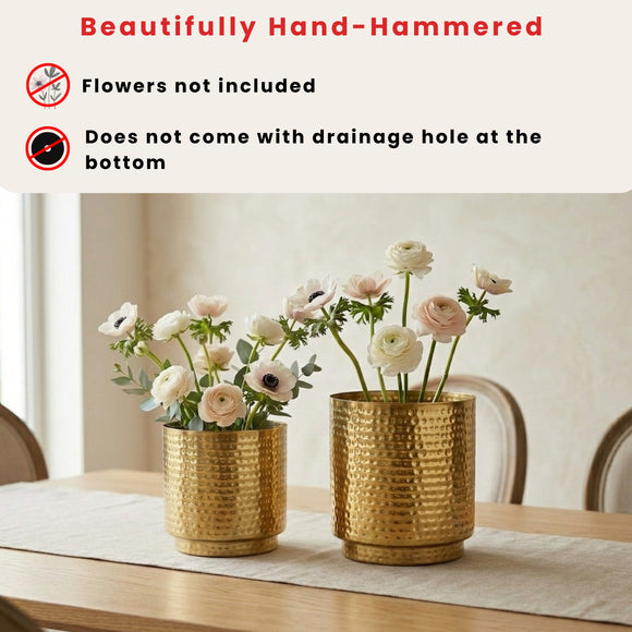 Golden Royale' Decorative Ribbed Metal Planters (Set of 2, Metal, Hand-Hammered, 20.5 cm)