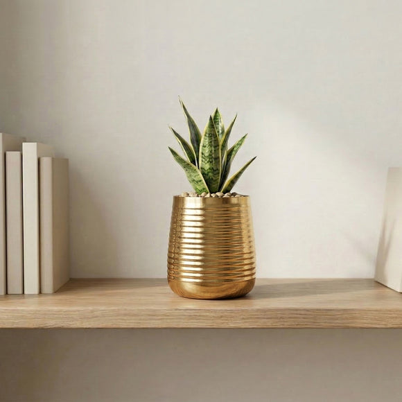 Golden Glow' Decorative Ribbed Metal Planter (Metal, Hand-Hammered, 13 cm)