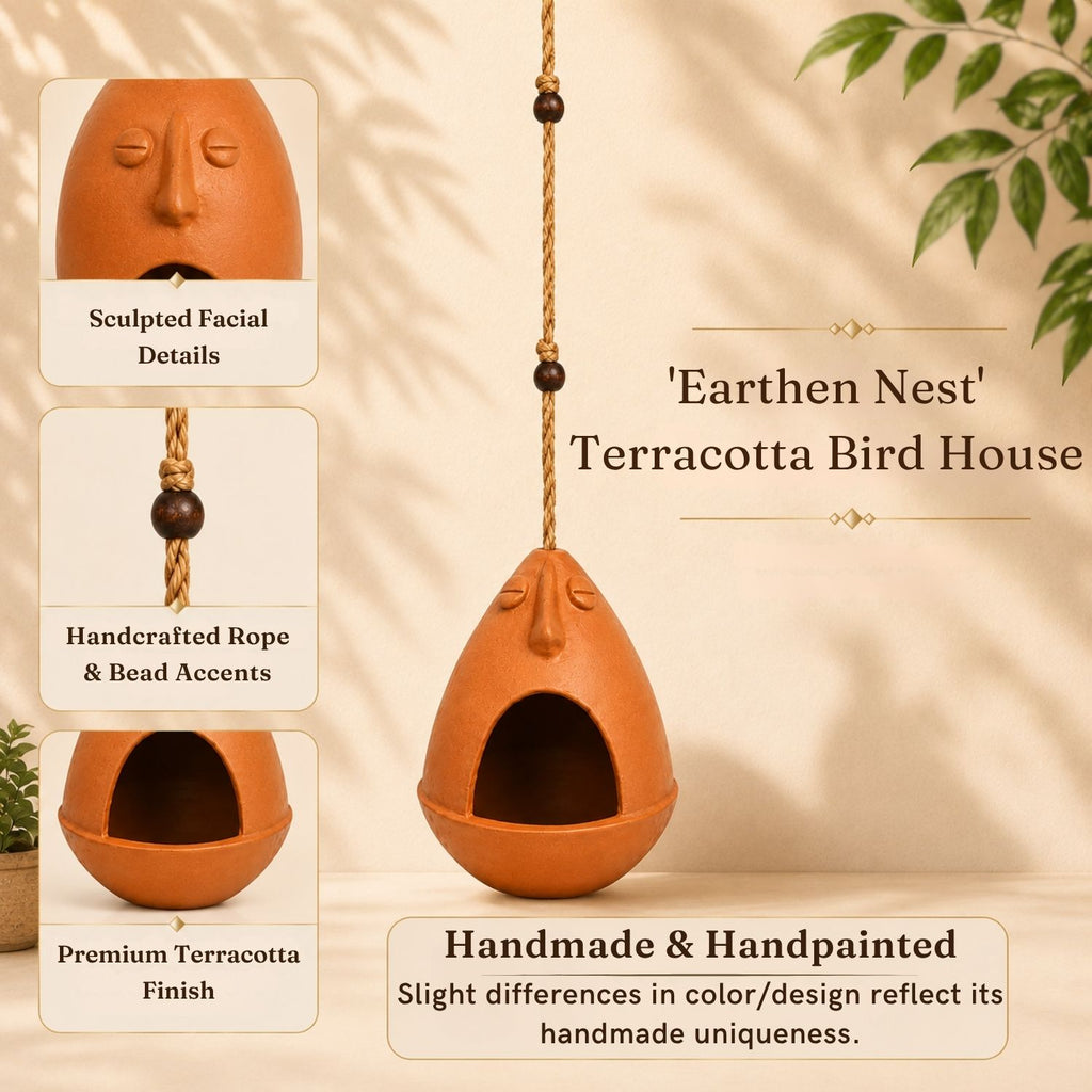 Earthen Nest Terracotta Bird House (Handmade, 14.4 cm, Earthen Brown)