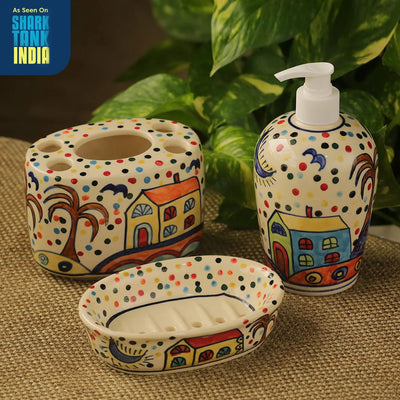 'The Hut Essentials' Hand-Painted Ceramic Bathroom Accessory (Set Of 3)